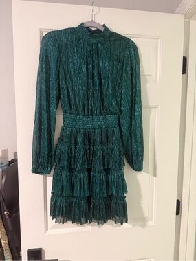 1. State Shimmery Teal Long-Sleeve Tiered Mini Dress